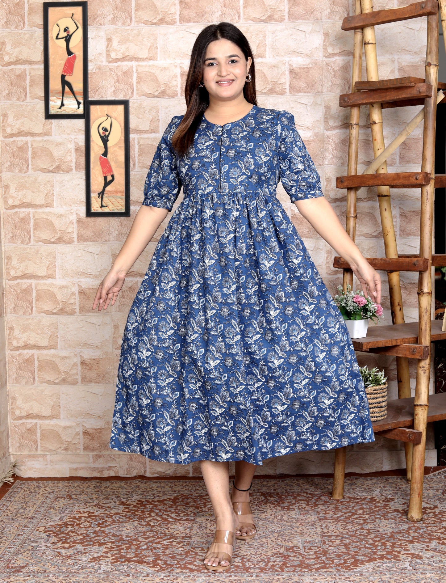 Women Blue Floral Cotton Middi