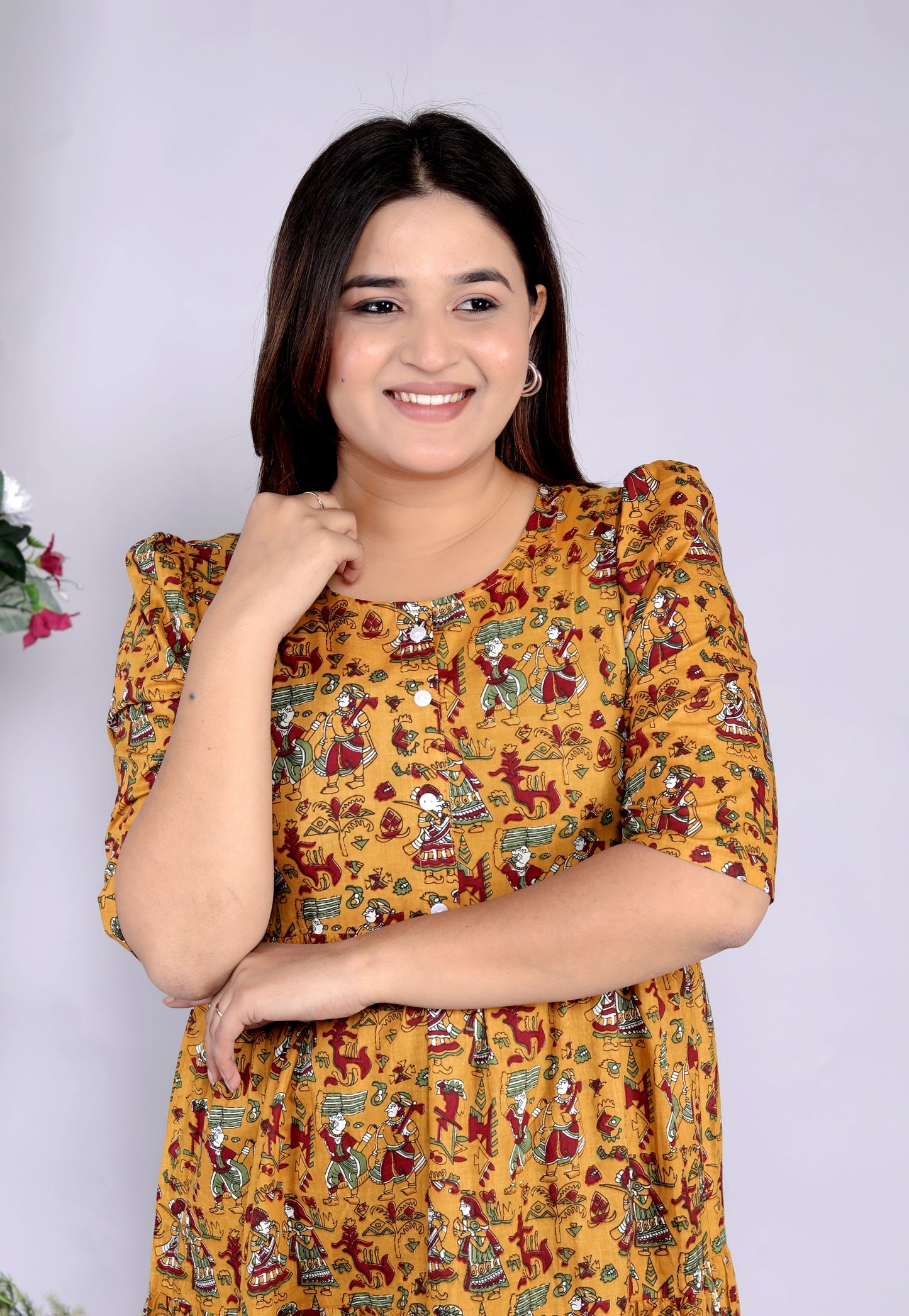 Women Cotton Rajasthani Print Mustard Middi Gown