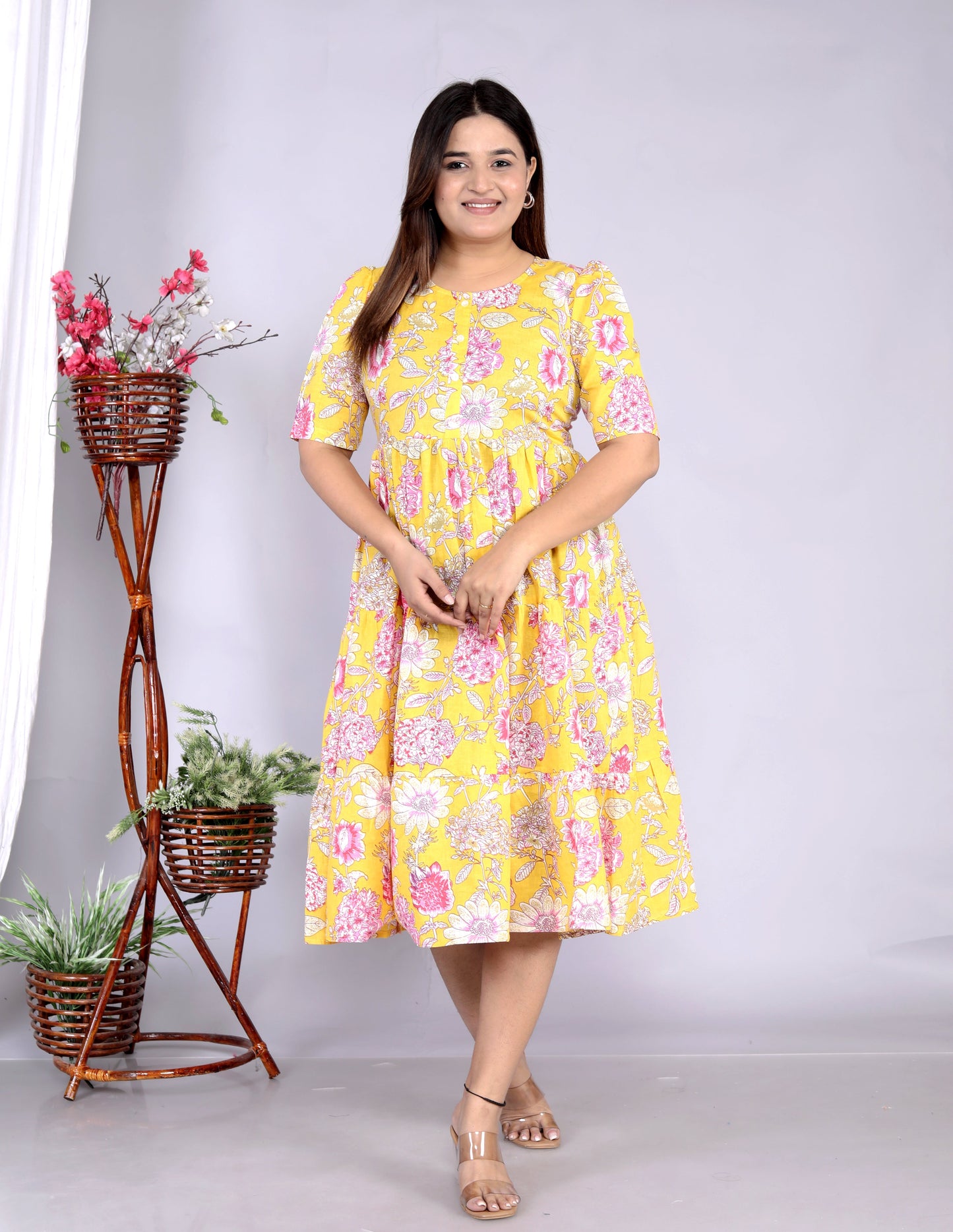 Women Yellow Floral Cotton Middi Gown