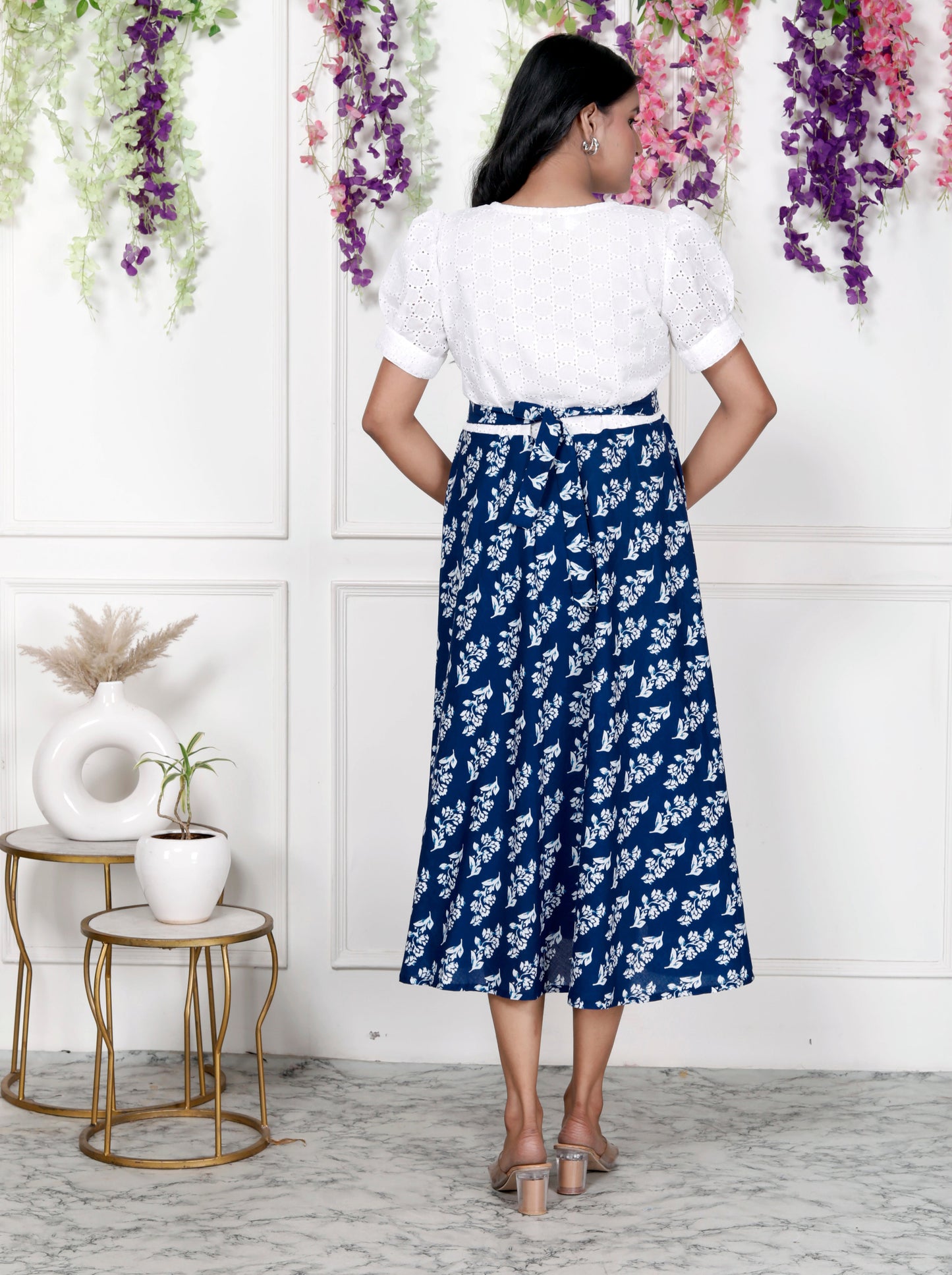 Women Schifli Blue Floral Cotton Middi Gown