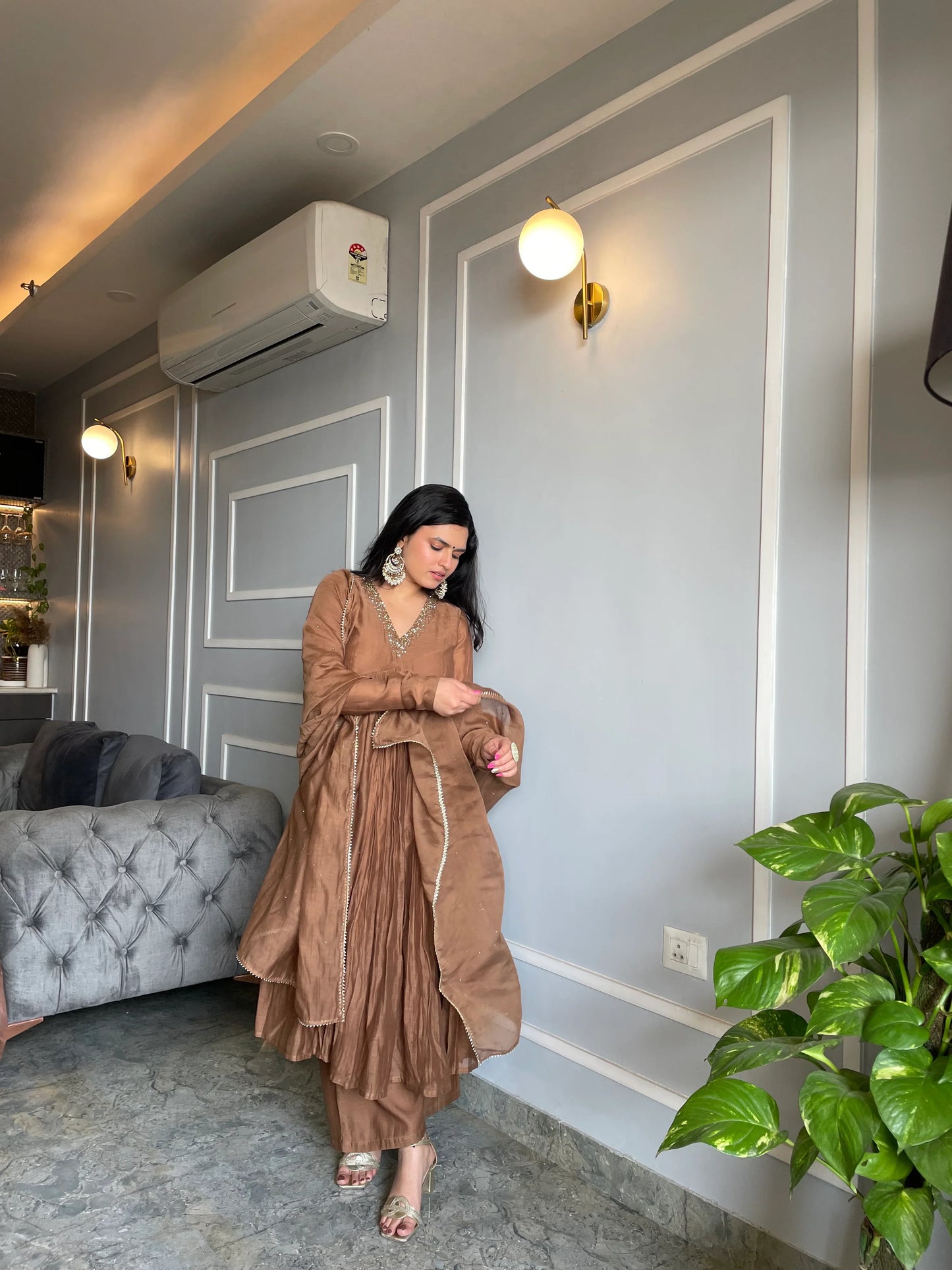 Golden/Muted-Brown Mul Cotton Anarkali with Churi Sleeves Set of 3