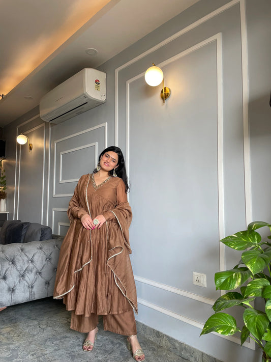 Golden/Muted-Brown Mul Cotton Anarkali with Churi Sleeves Set of 3