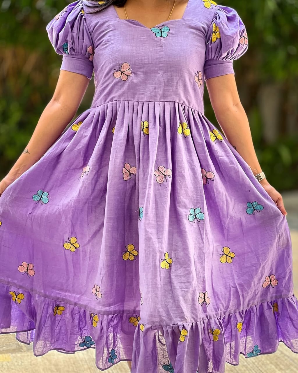 Women Cotton Lavender Butterfly Embroidery Middi Gown