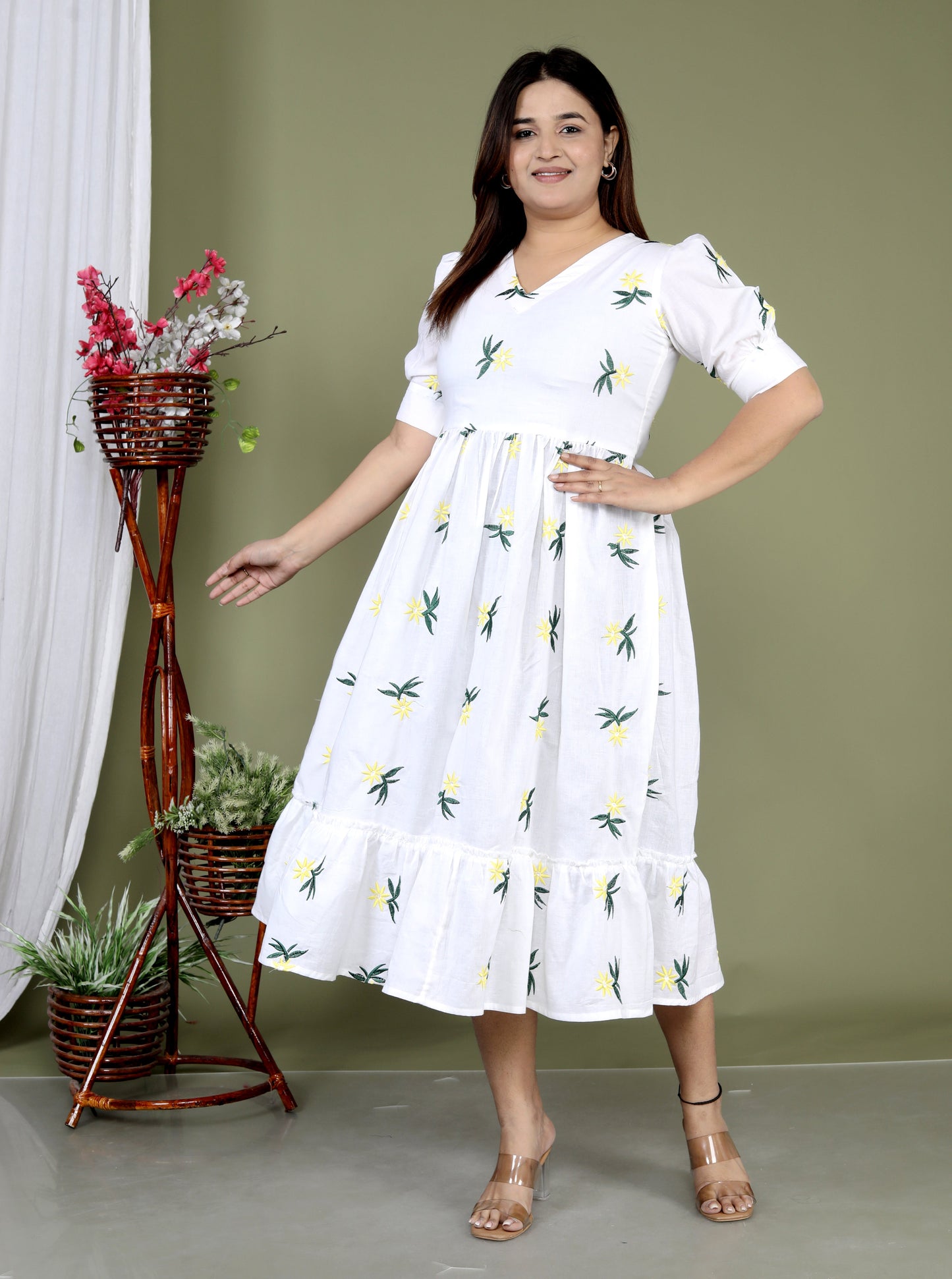 Women White Cotton Flower Embroidery Middi Gown