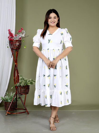 Women White Cotton Flower Embroidery Middi Gown