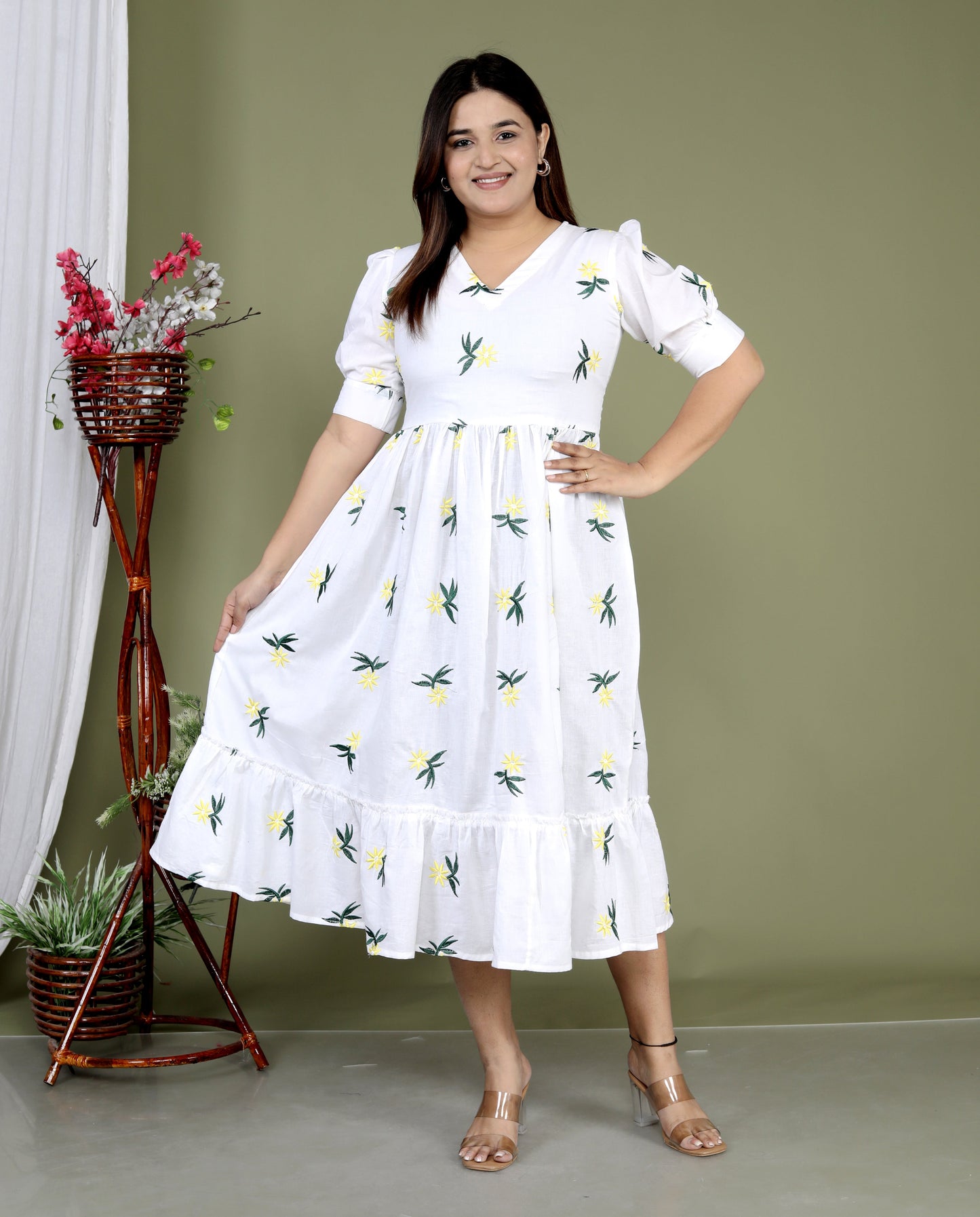 Women White Cotton Flower Embroidery Middi Gown