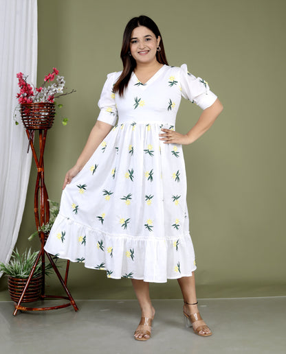 Women White Cotton Flower Embroidery Middi Gown