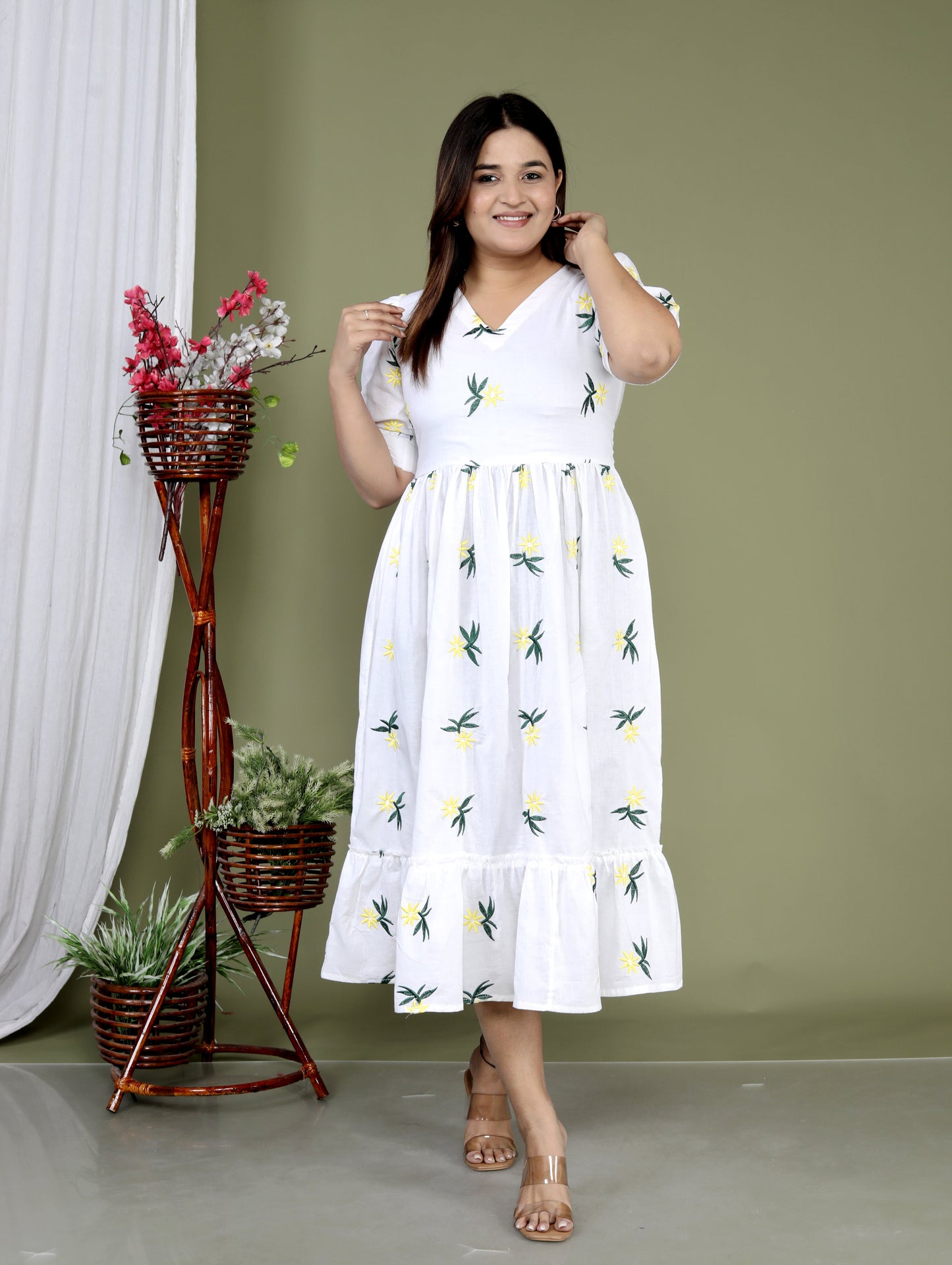 Women White Cotton Flower Embroidery Middi Gown