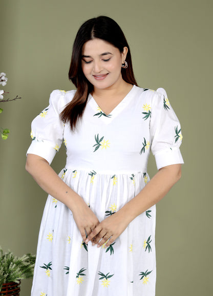 Women White Cotton Flower Embroidery Middi Gown