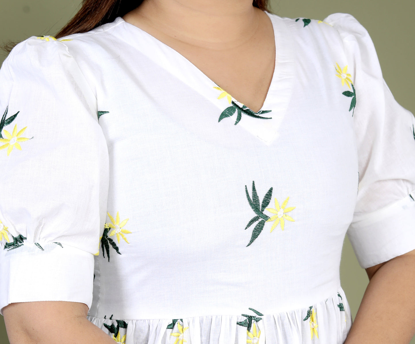 Women White Cotton Flower Embroidery Middi Gown