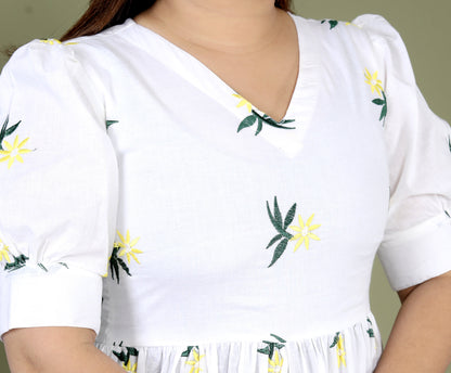 Women White Cotton Flower Embroidery Middi Gown