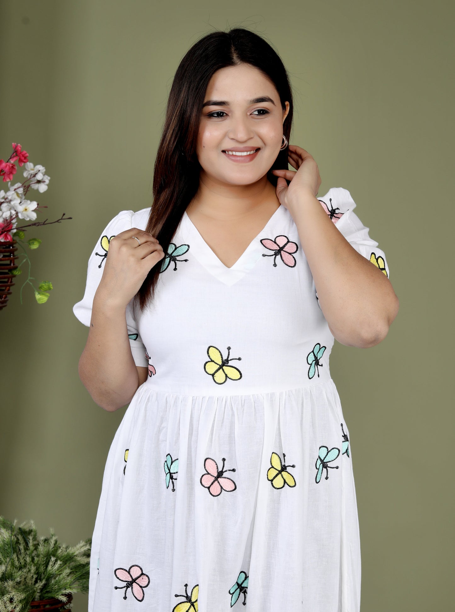 Women White Cotton Butterfly Embroidery Middi Gown