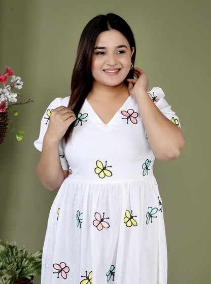 Women White Cotton Butterfly Embroidery Middi Gown