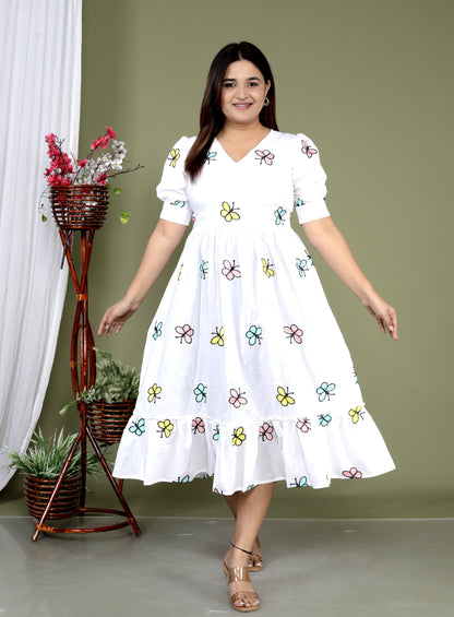 Women White Cotton Butterfly Embroidery Middi Gown