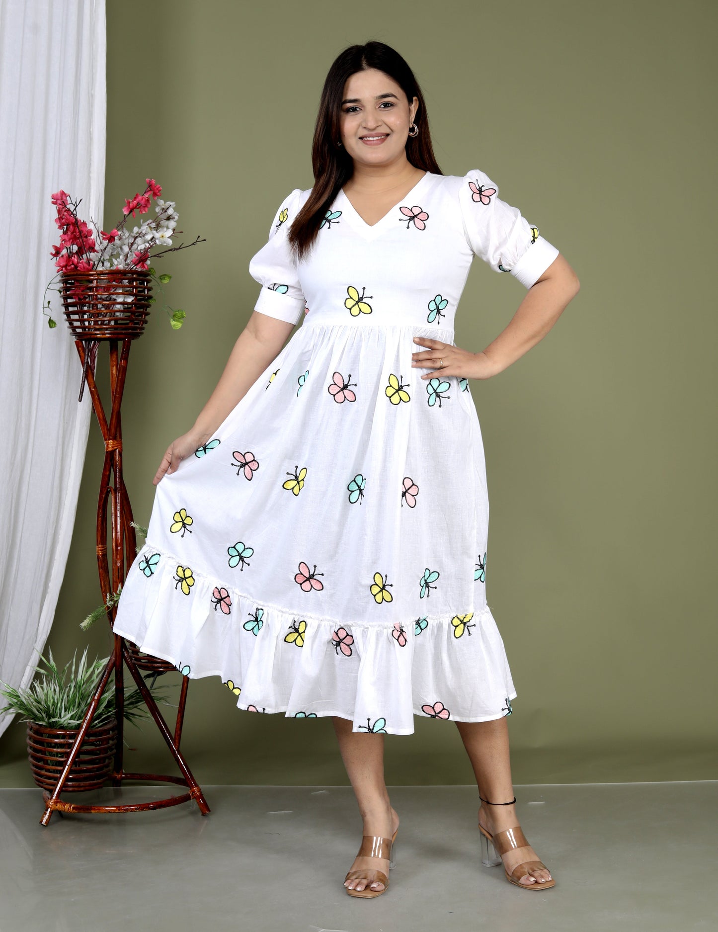 Women White Cotton Butterfly Embroidery Middi Gown