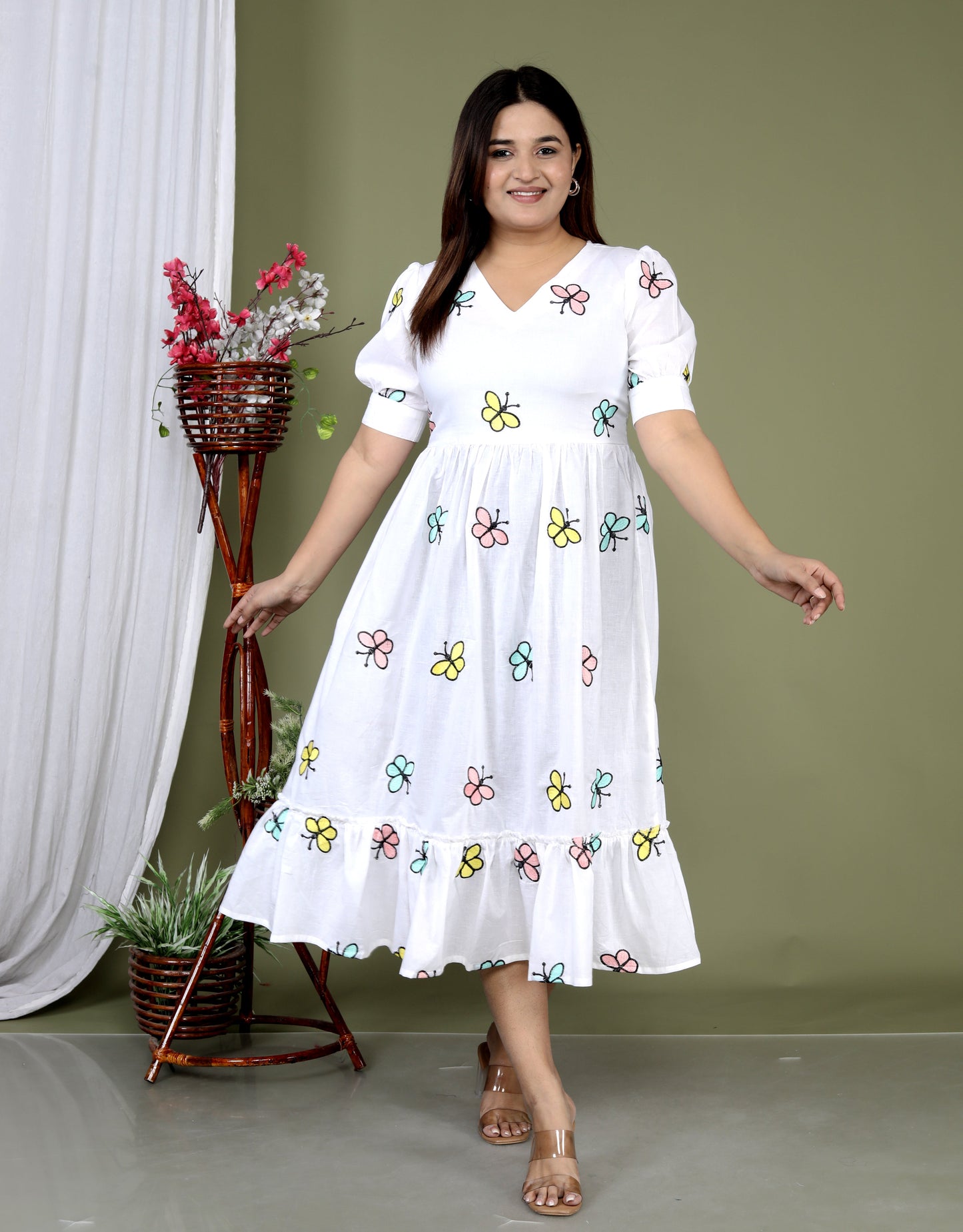 Women White Cotton Butterfly Embroidery Middi Gown