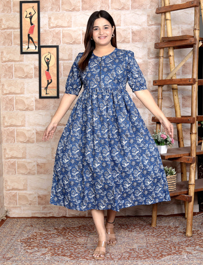 Women Blue Floral Cotton Middi