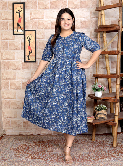 Women Blue Floral Cotton Middi