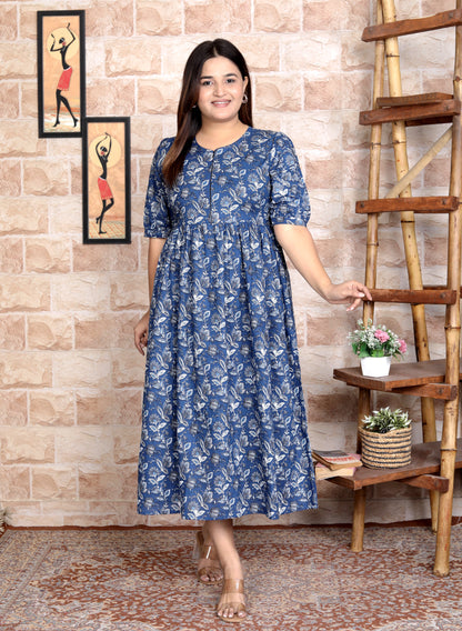 Women Blue Floral Cotton Middi