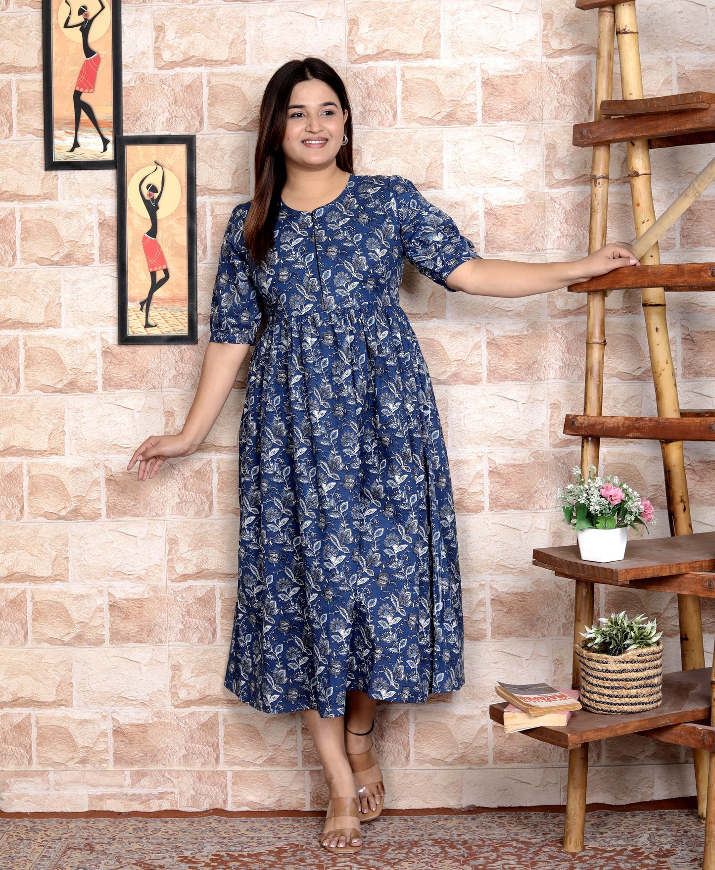 Women Blue Floral Cotton Middi