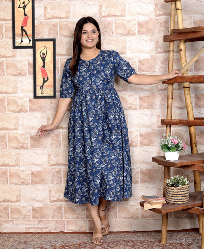 Women Blue Floral Cotton Middi