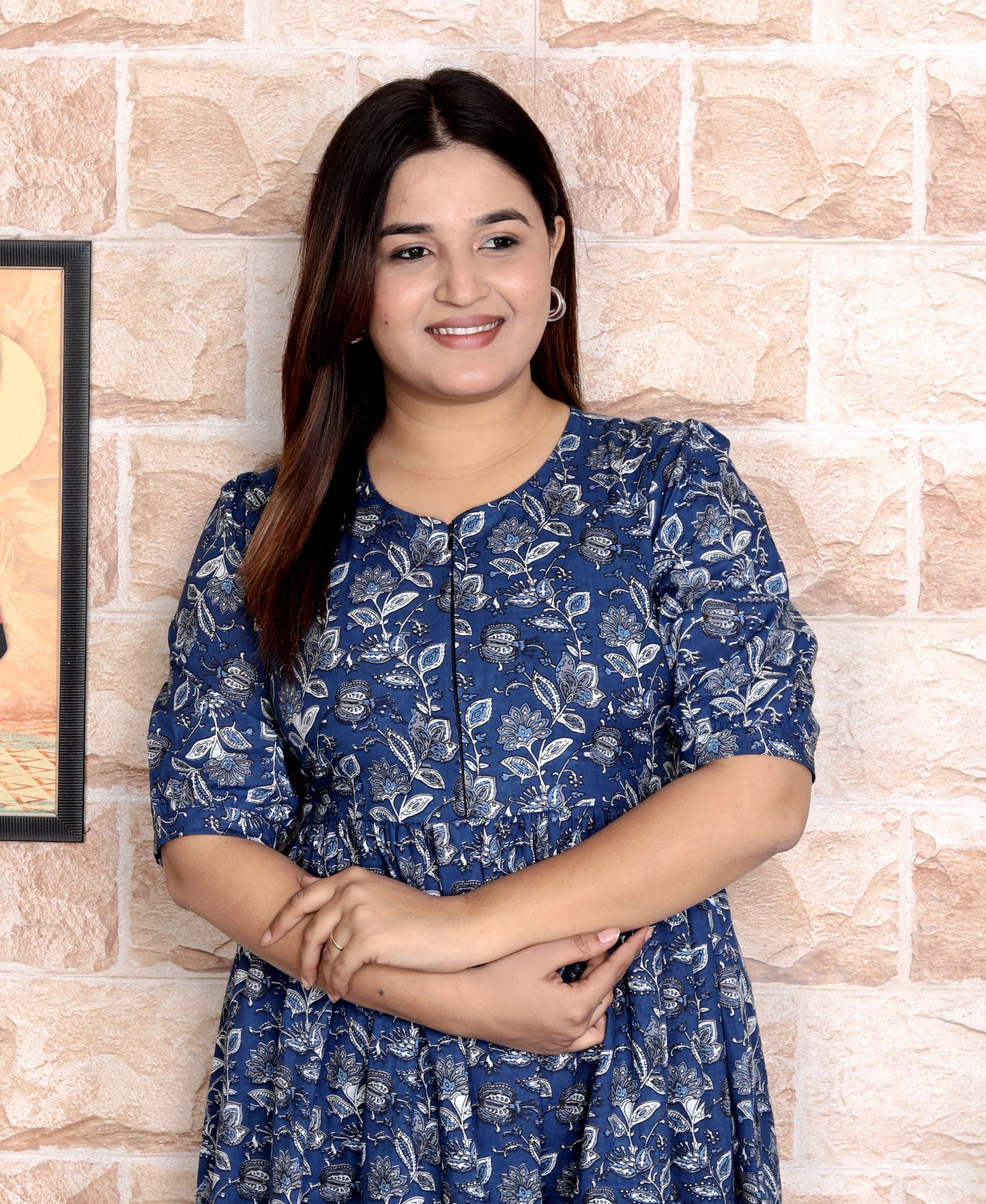 Women Blue Floral Cotton Middi