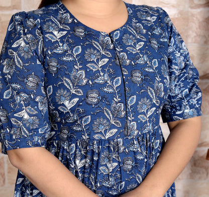 Women Blue Floral Cotton Middi