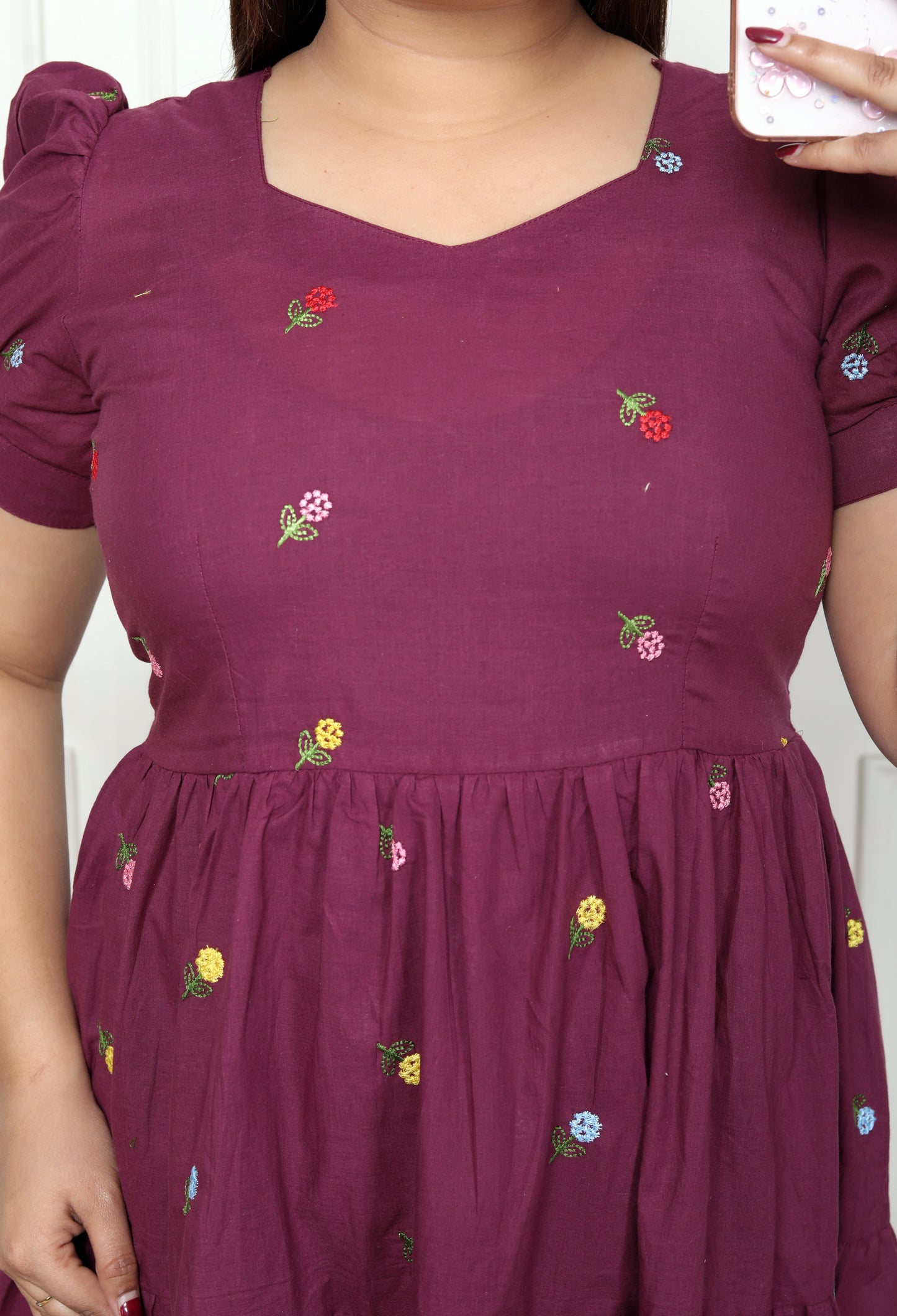 Women Cotton Wine Zenia embroidery Middi Gown