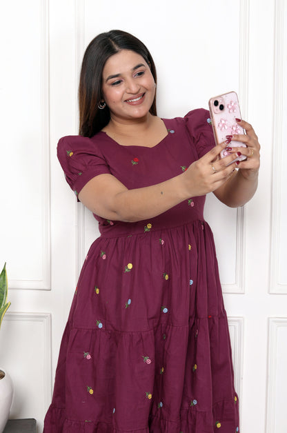 Women Cotton Wine Zenia embroidery Middi Gown