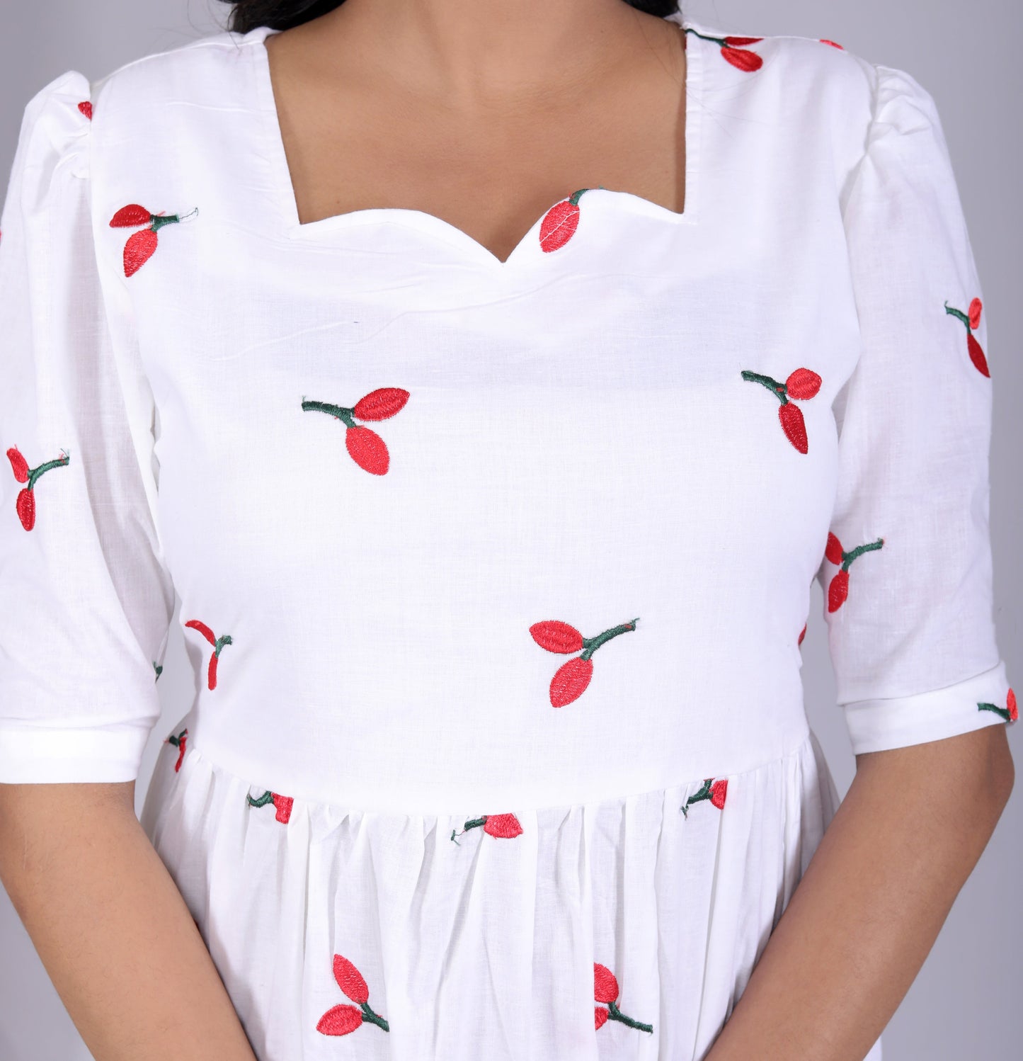 Women Cotton Embroidery Red Cherry Middi Gown