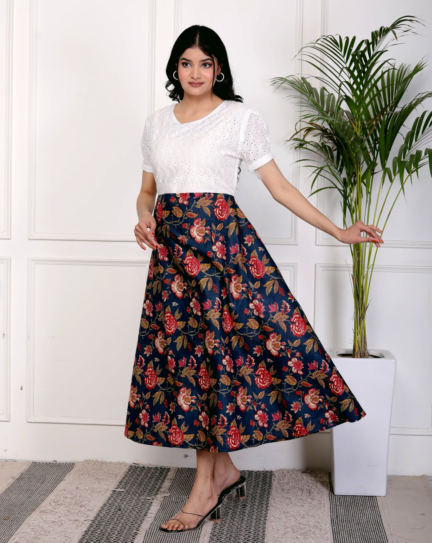 Women Schifli Blue Multicolor Cotton Middy Gown