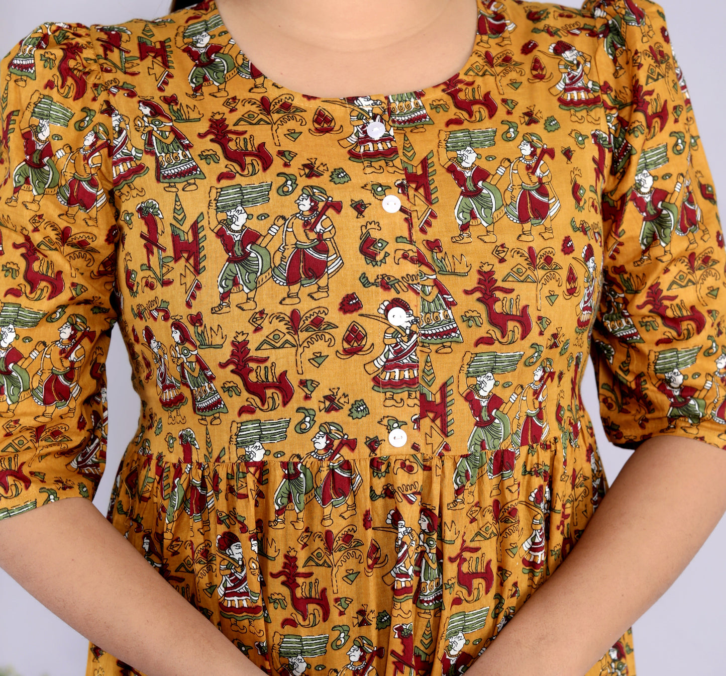 Women Cotton Rajasthani Print Mustard Middi Gown