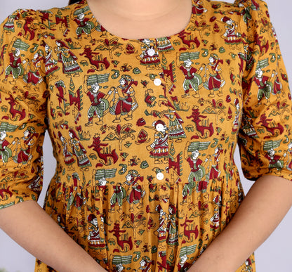 Women Cotton Rajasthani Print Mustard Middi Gown