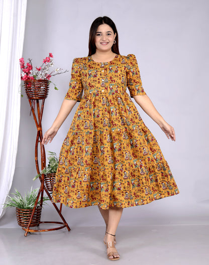 Women Cotton Rajasthani Print Mustard Middi Gown