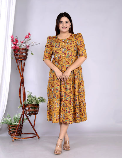 Women Cotton Rajasthani Print Mustard Middi Gown