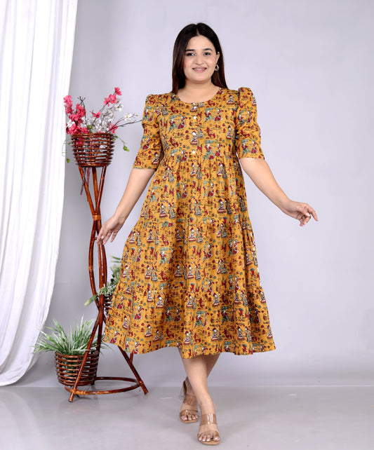 Women Cotton Rajasthani Print Mustard Middi Gown