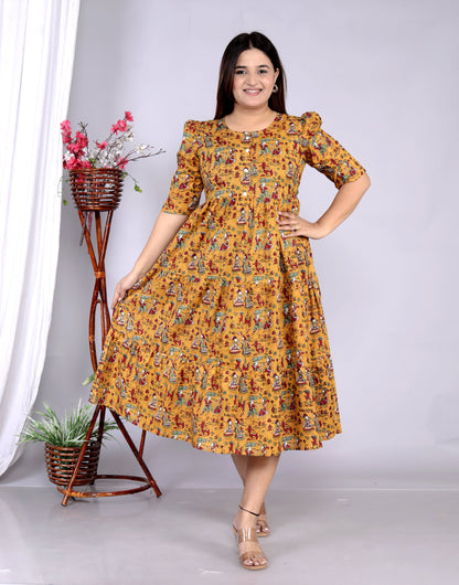 Women Cotton Rajasthani Print Mustard Middi Gown