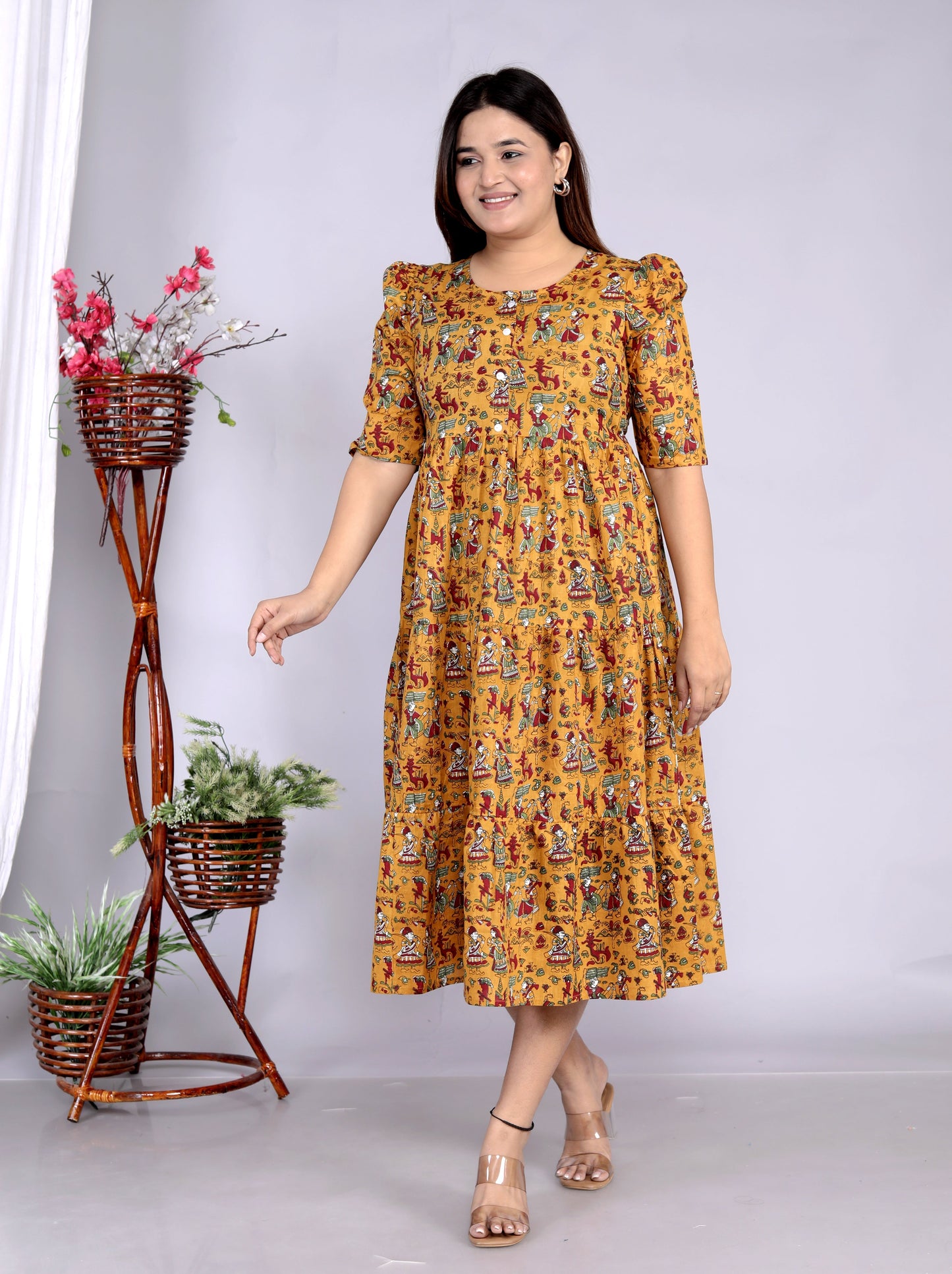 Women Cotton Rajasthani Print Mustard Middi Gown