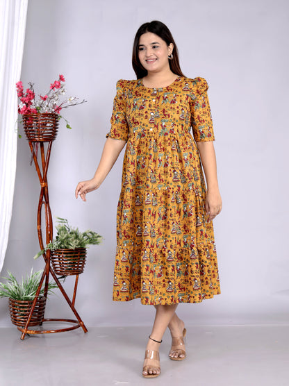 Women Cotton Rajasthani Print Mustard Middi Gown