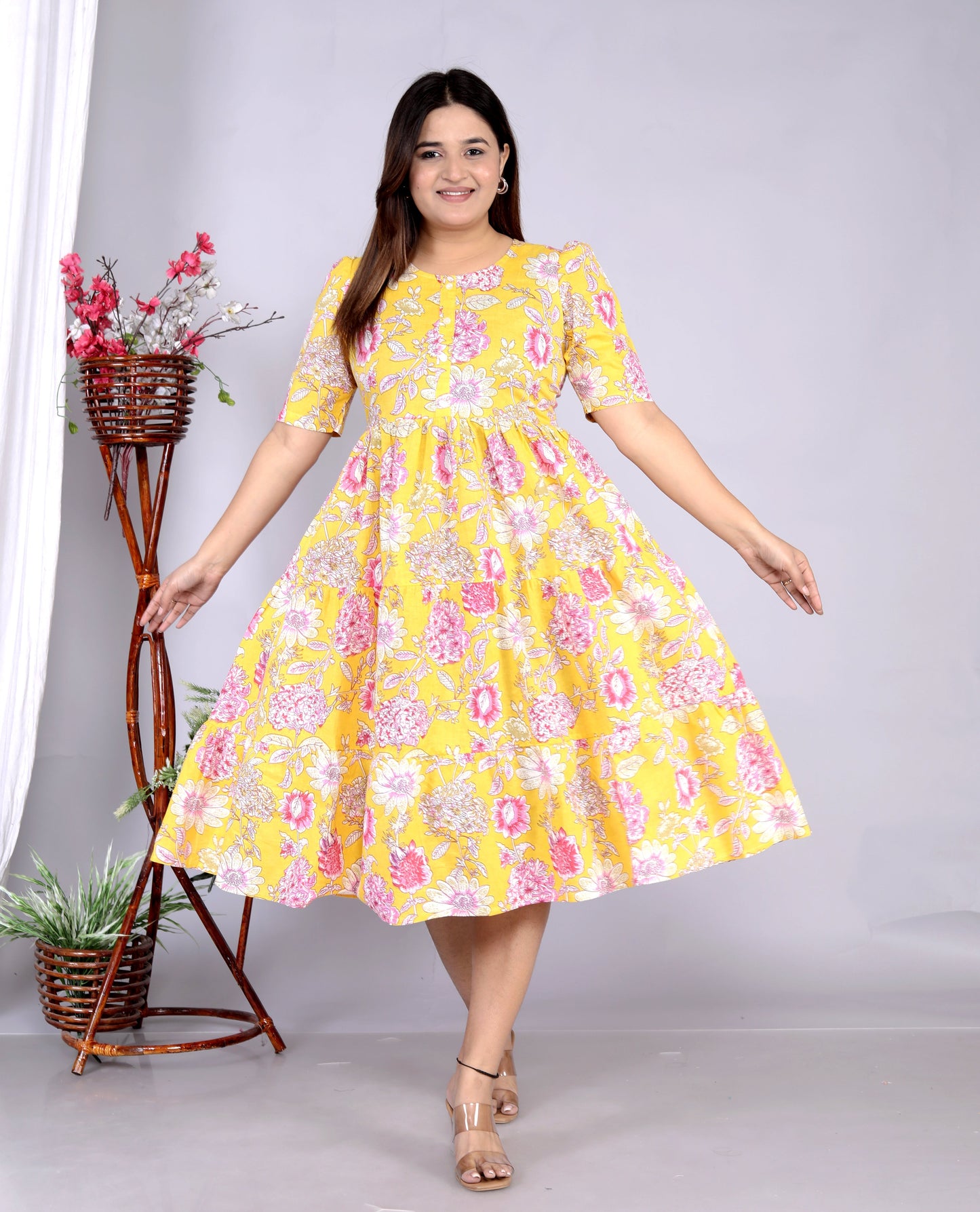 Women Yellow Floral Cotton Middi Gown