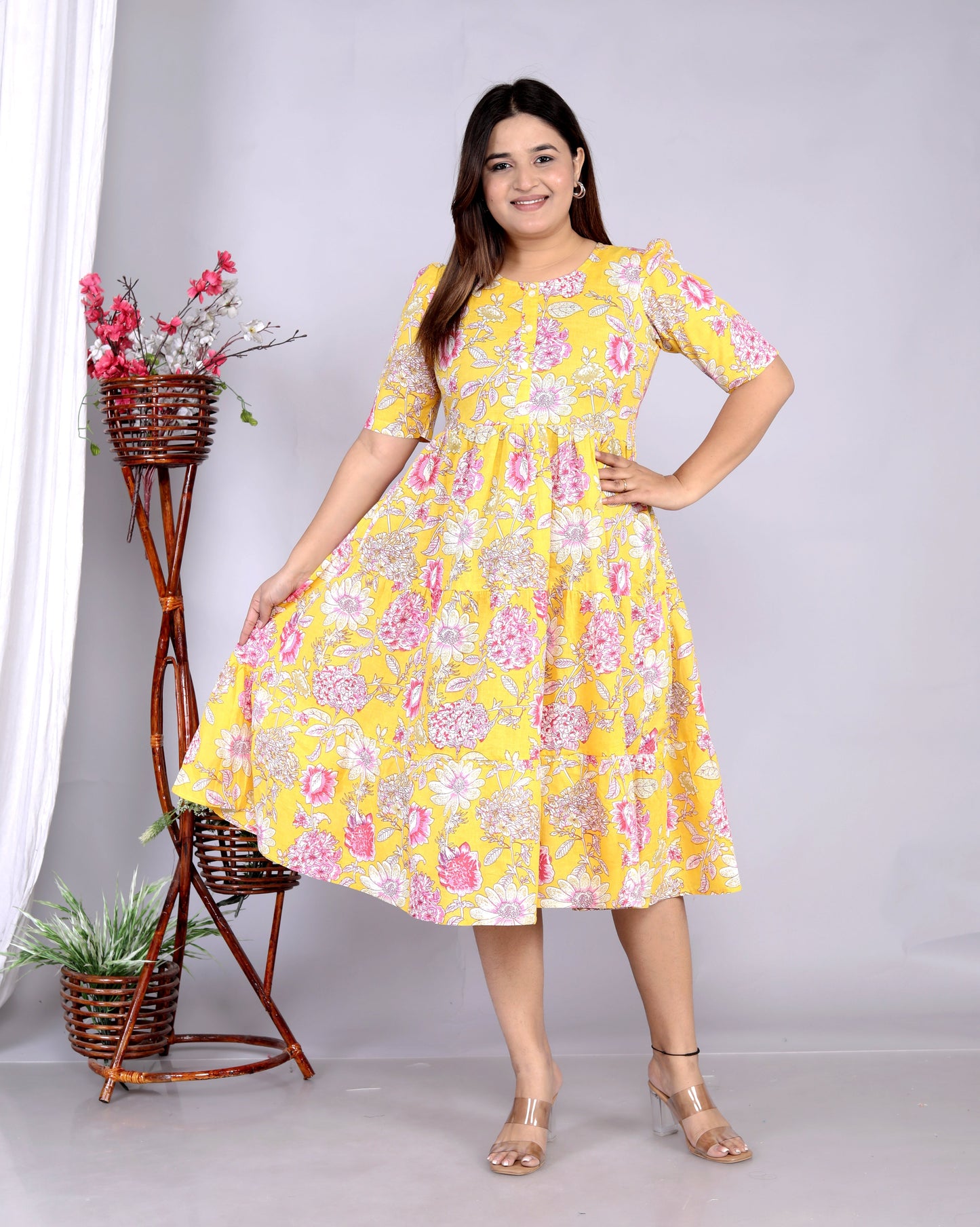 Women Yellow Floral Cotton Middi Gown
