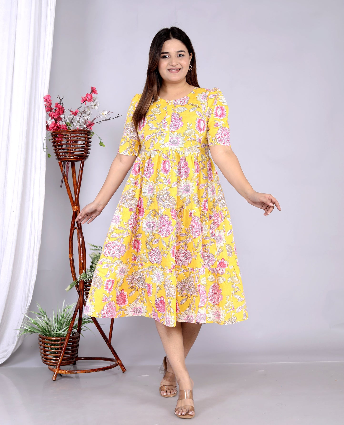 Women Yellow Floral Cotton Middi Gown