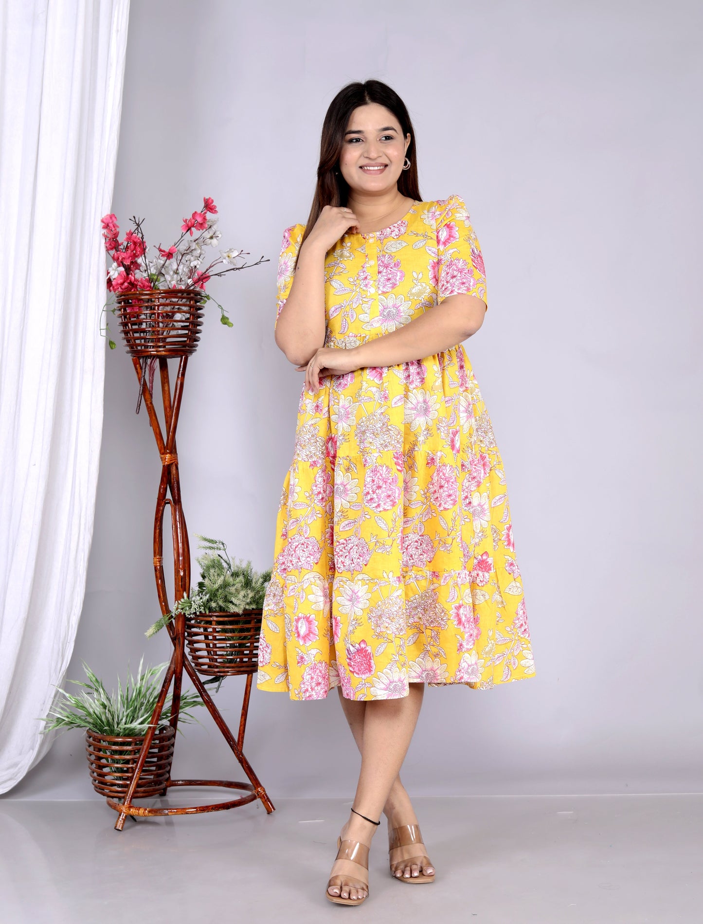 Women Yellow Floral Cotton Middi Gown