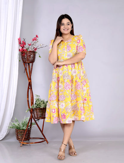 Women Yellow Floral Cotton Middi Gown