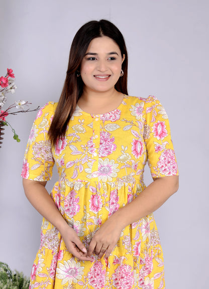 Women Yellow Floral Cotton Middi Gown