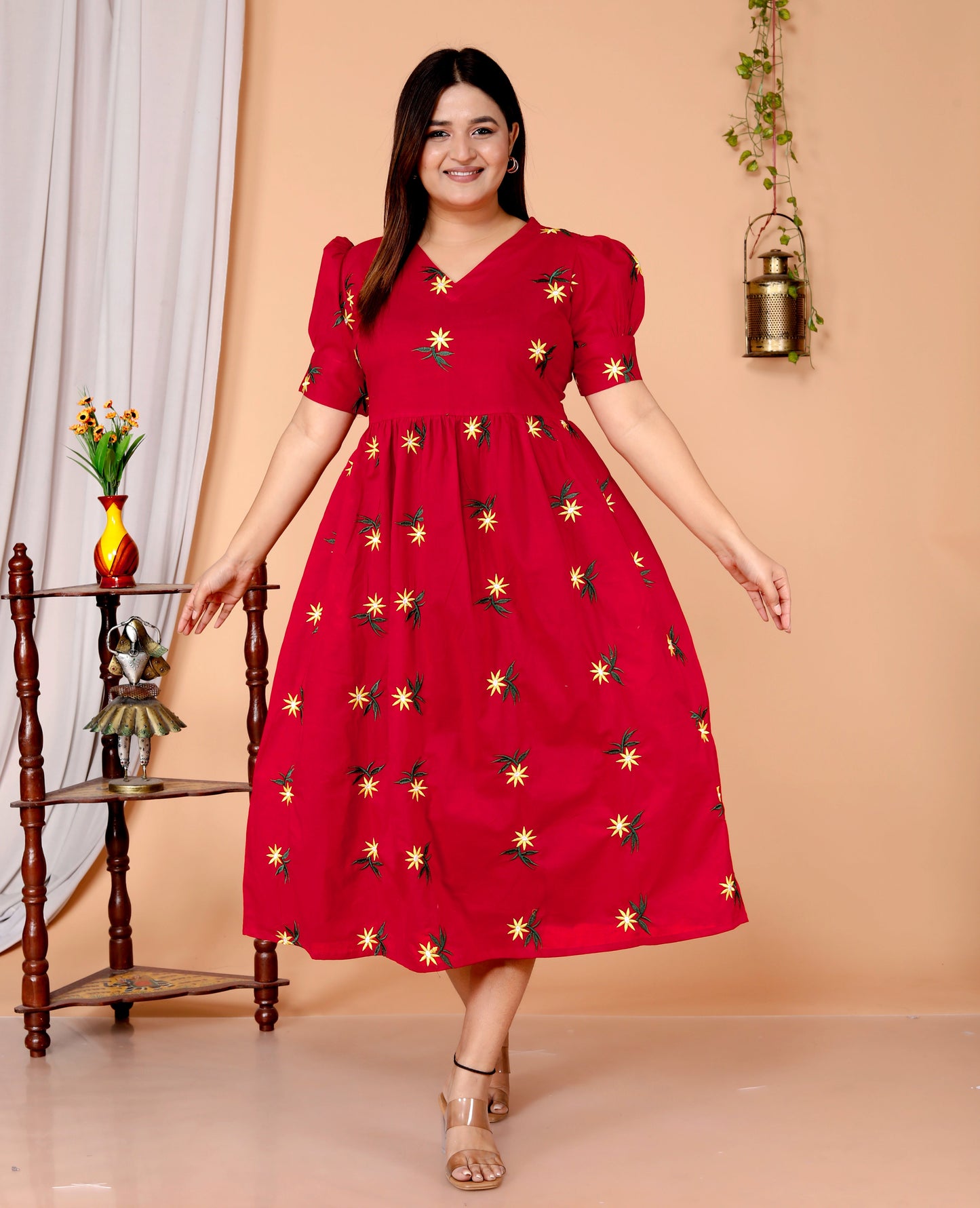Women Red Cotton Embroidery Middi Gown
