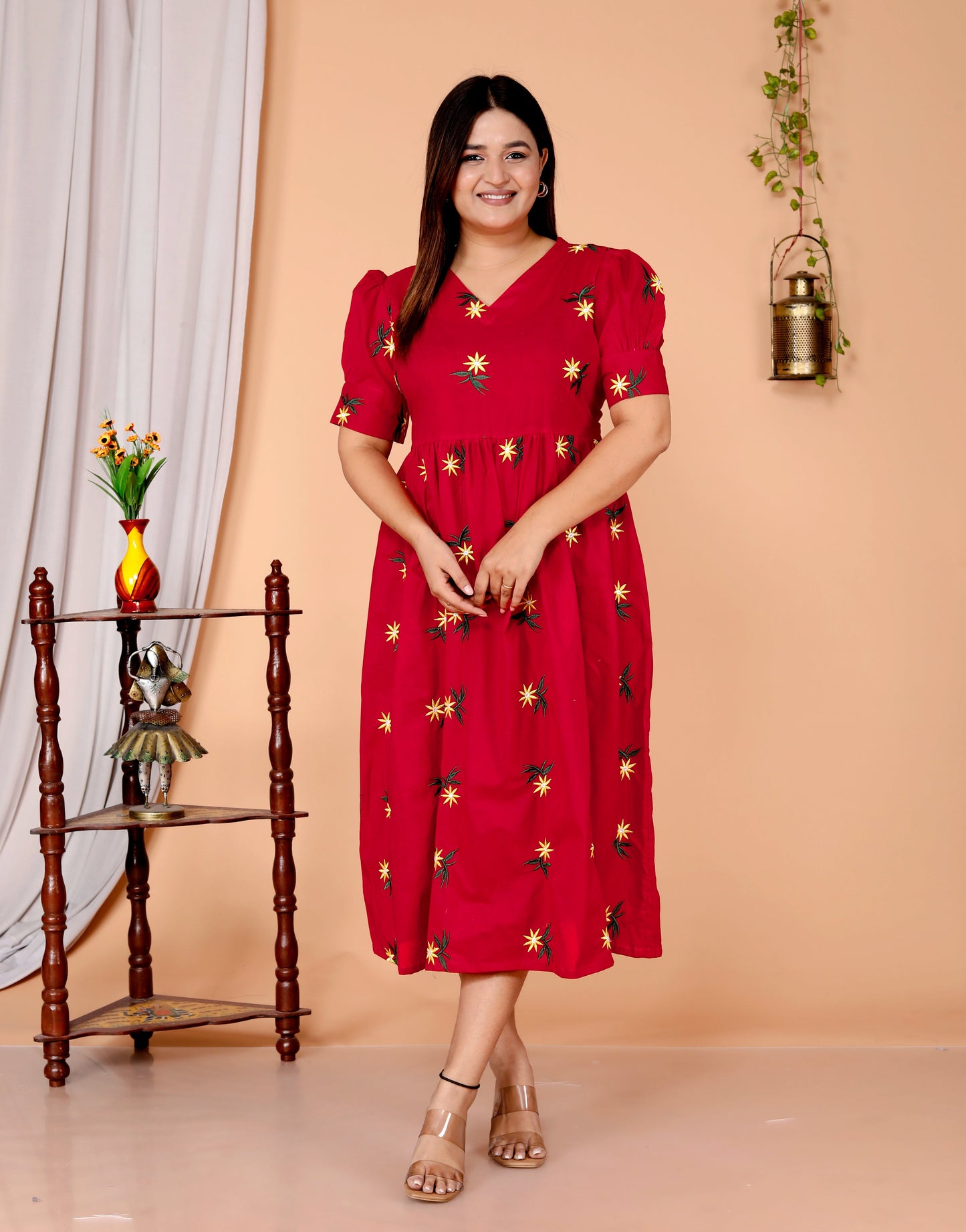 Women Red Cotton Embroidery Middi Gown