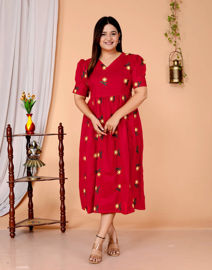 Women Red Cotton Embroidery Middi Gown