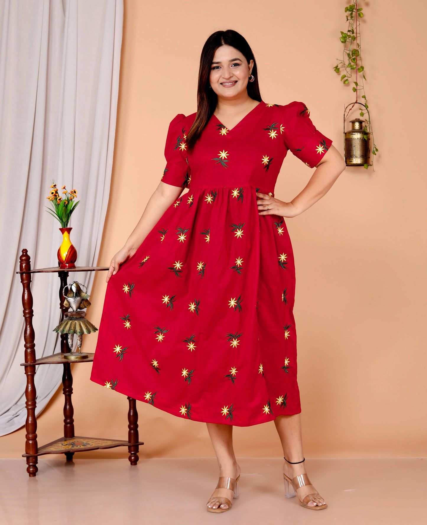 Women Red Cotton Embroidery Middi Gown