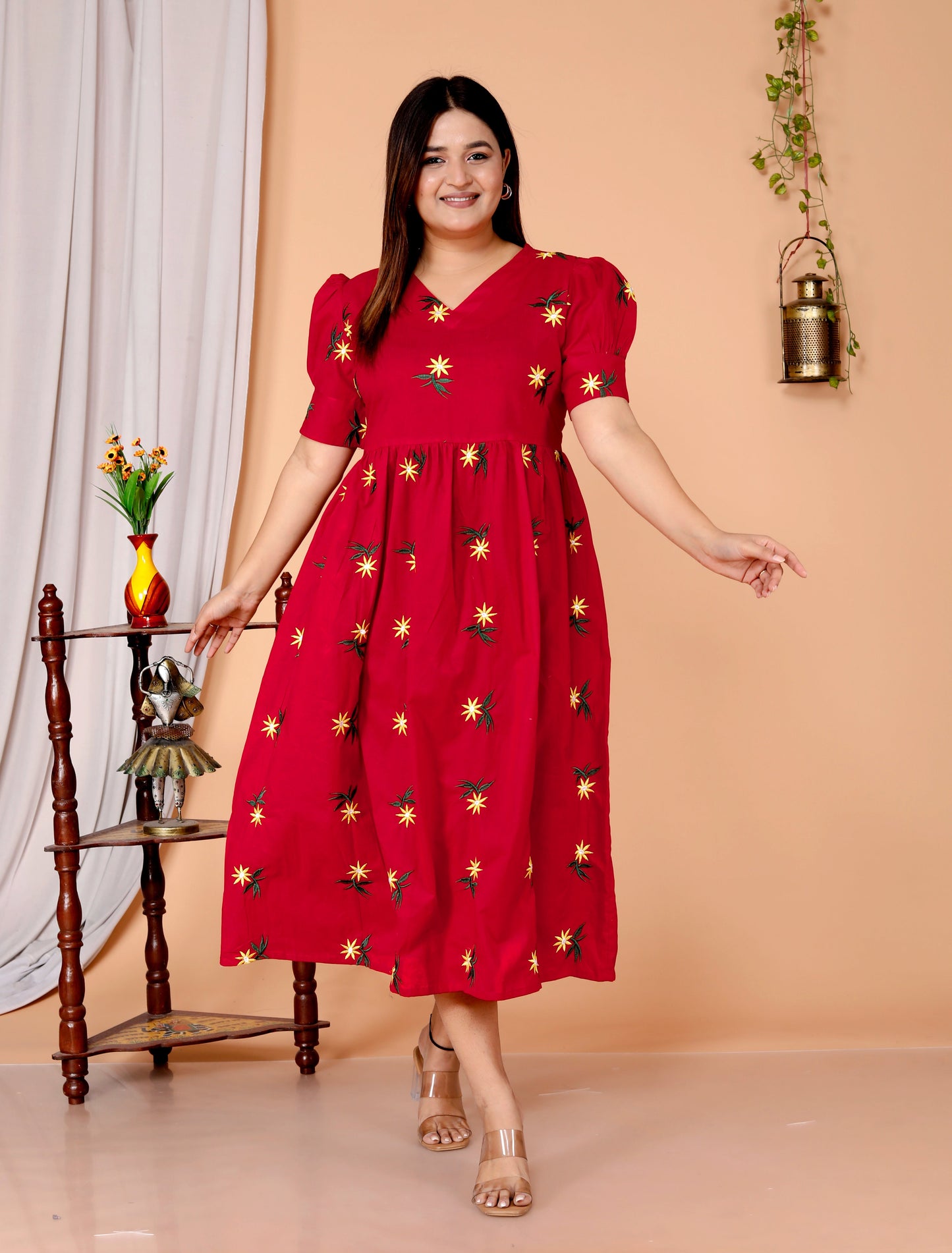 Women Red Cotton Embroidery Middi Gown